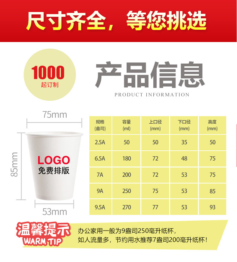 尺寸齊全，等您挑選 辦公家用一般為9盎司250毫升紙杯